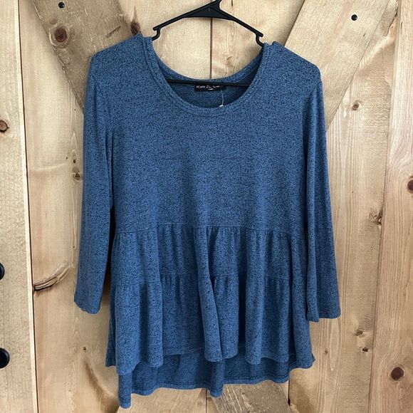 KIM & CAMI || Blue Warm Stretchy Lightweight Casual Top - Picture 1 of 3